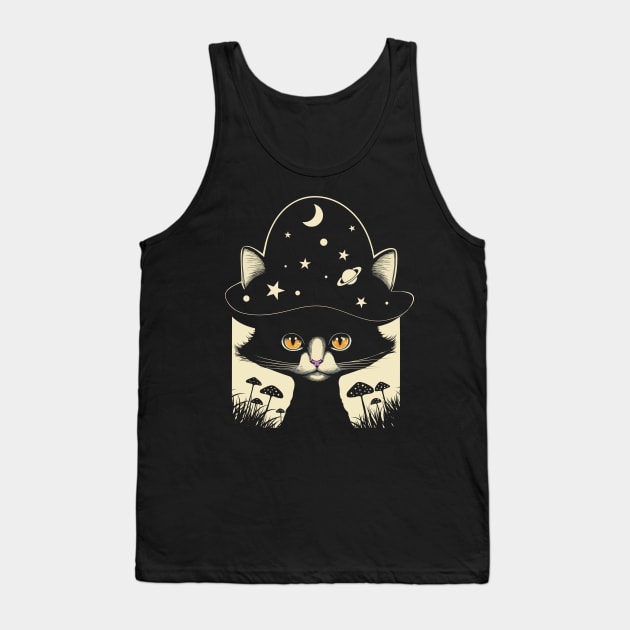 Cottagecore Aesthetic Cat Mushrooms, Moon, Stars Women Kids Tank Top by Apocatnipse Meow